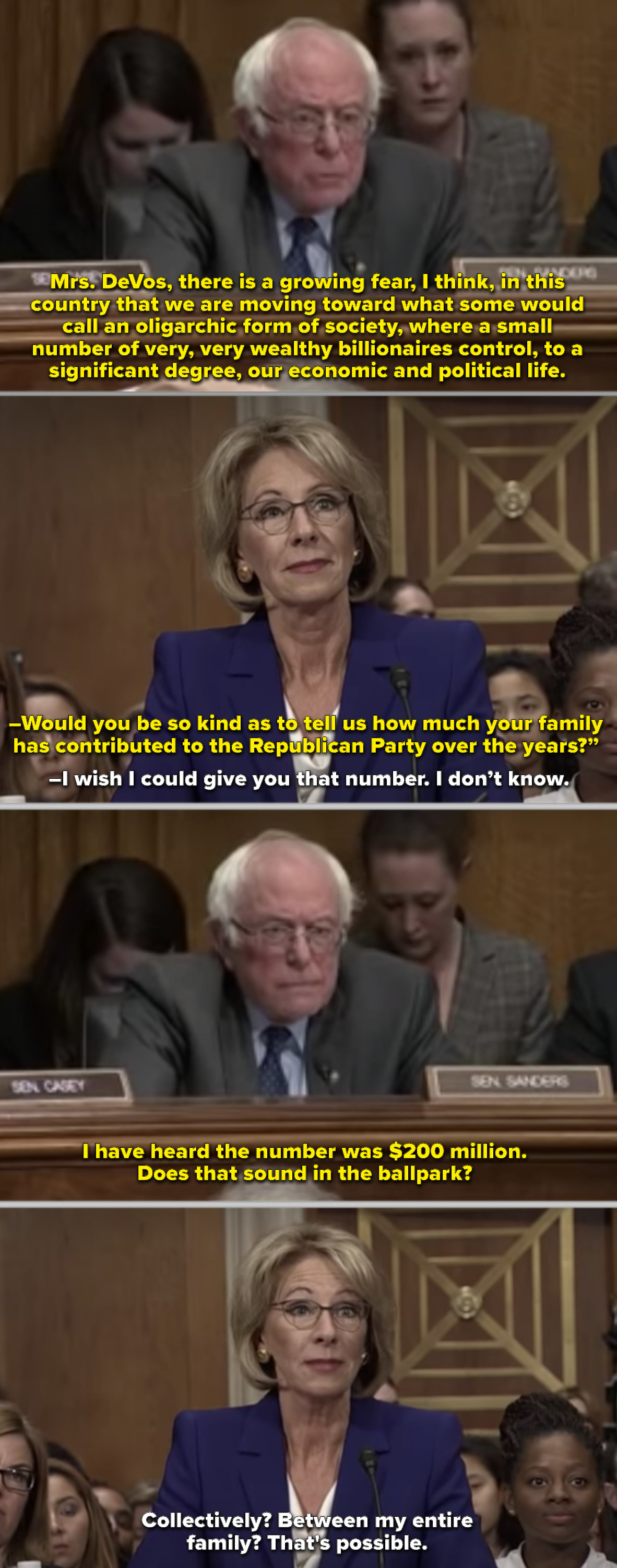 Senator Bernie Sanders questioning Betsy DeVos during her Confirmation Hearing as Trump&#x27;s pick to become Secretary of Education