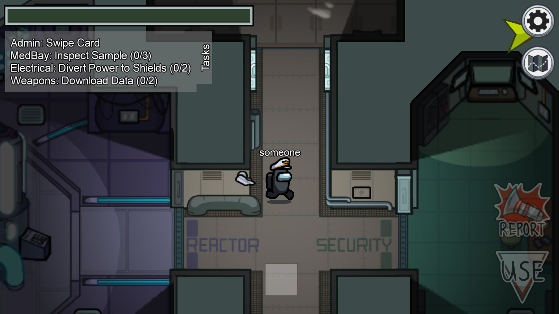 A screenshot of the game &quot;Among Us&quot; with a player heading into the security room