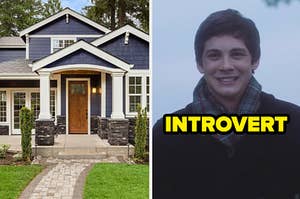 An image of a two story home with wooden shingles and a porch next to an image of Logan Lerman from The Perks of Being A Wallflower with the word introvert written underneath
