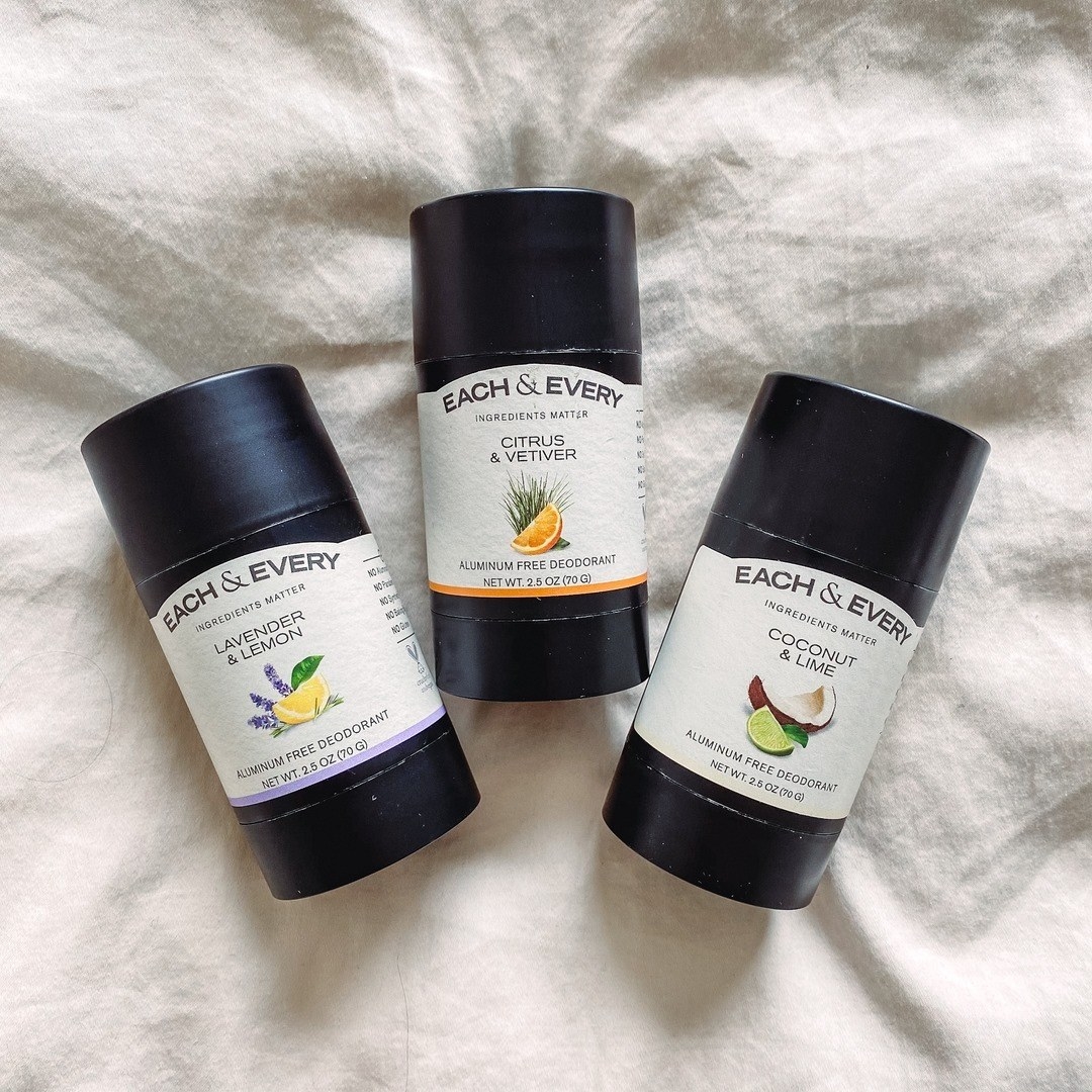 Three sticks of deodorant in lemon & lavender, coconut & lime, and citrus & vetiver