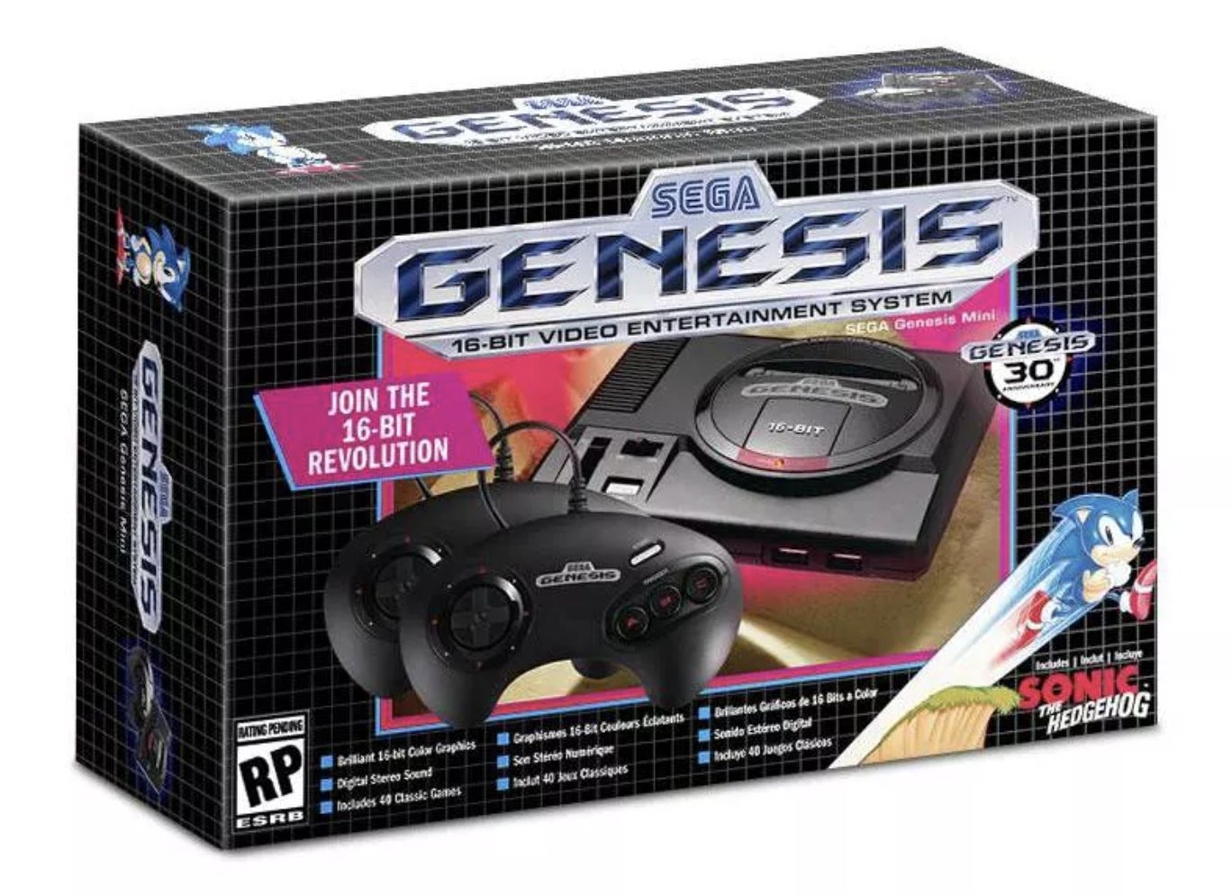 A black box with a Sega Genesis console and controllers on the front
