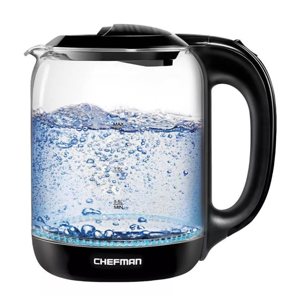 A black and clear glass electric kettle with boiling water inside