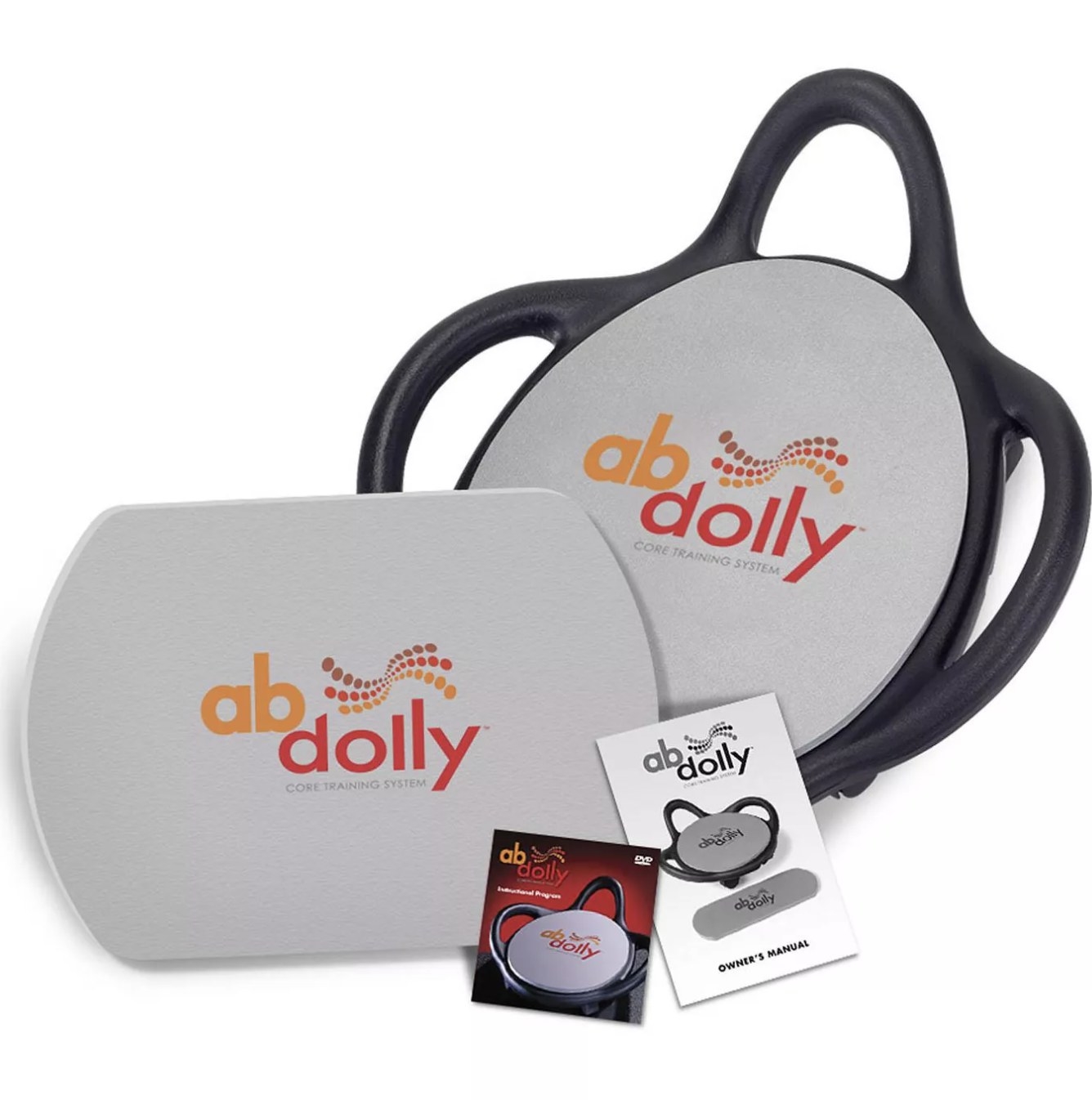 ABDolly abdominal exercise equipment next to a manual and DVD