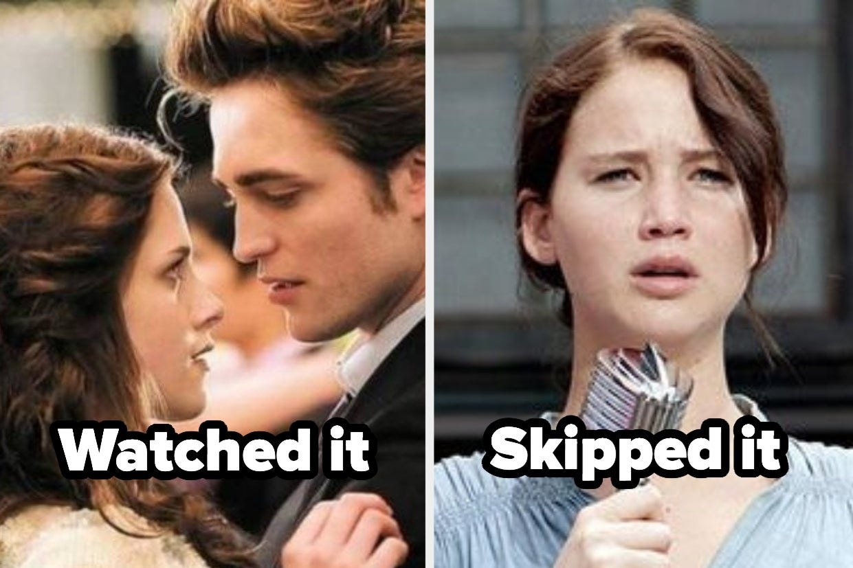 Bella and Edward from &quot;Twilight&quot; with the word &quot;watched it&quot; and Katniss from &quot;Hunger Games&quot; with the word &quot;skipped it&quot;