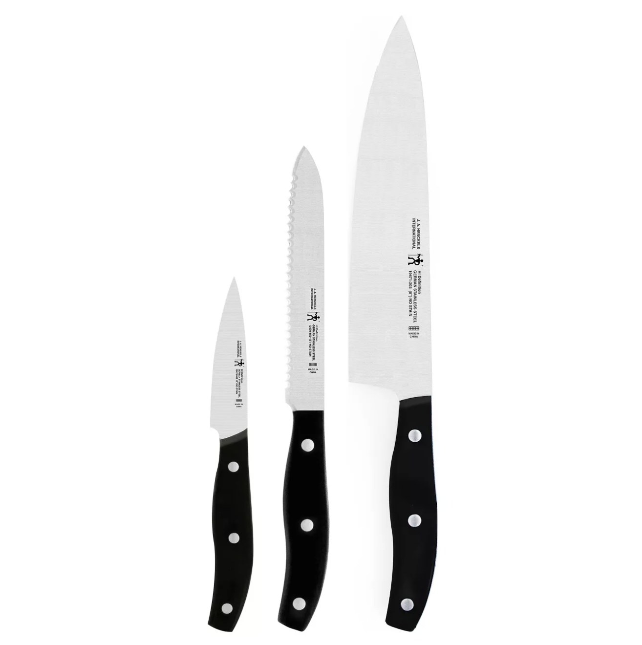 A set of three knives with black handles