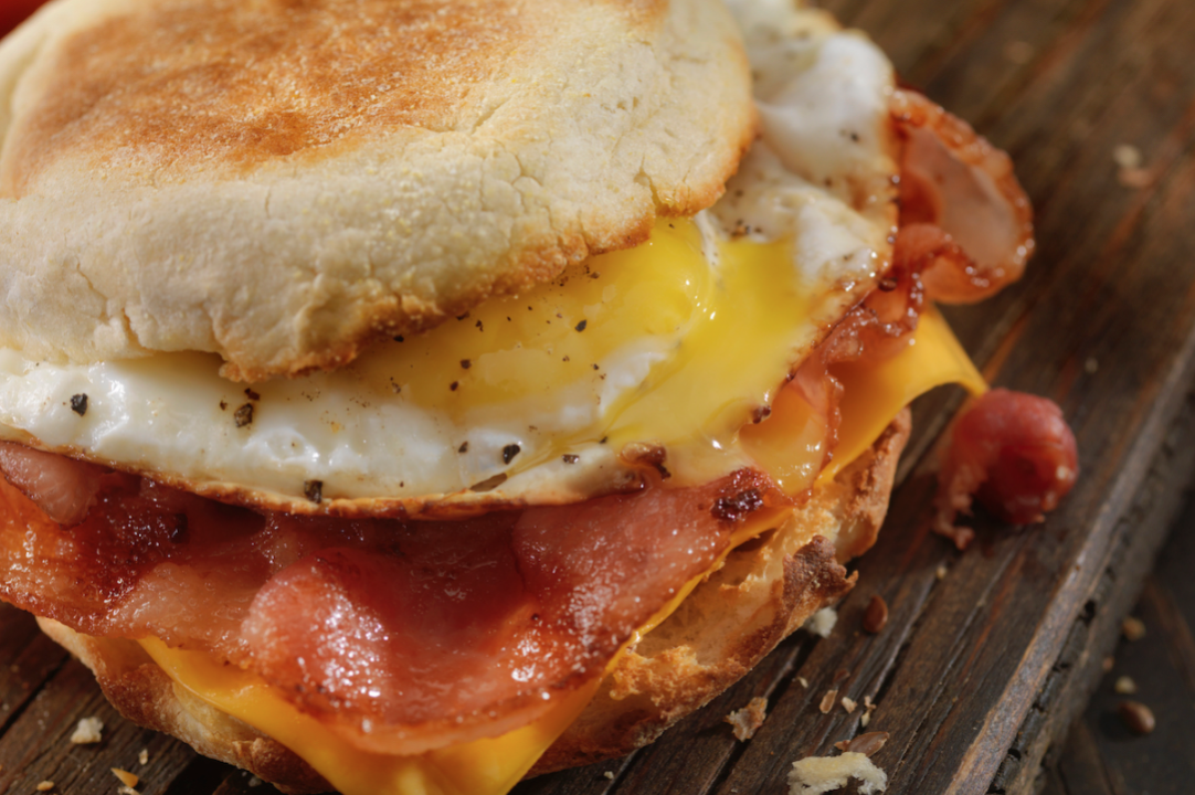 Bacon, egg, and cheese breakfast sandwich. 