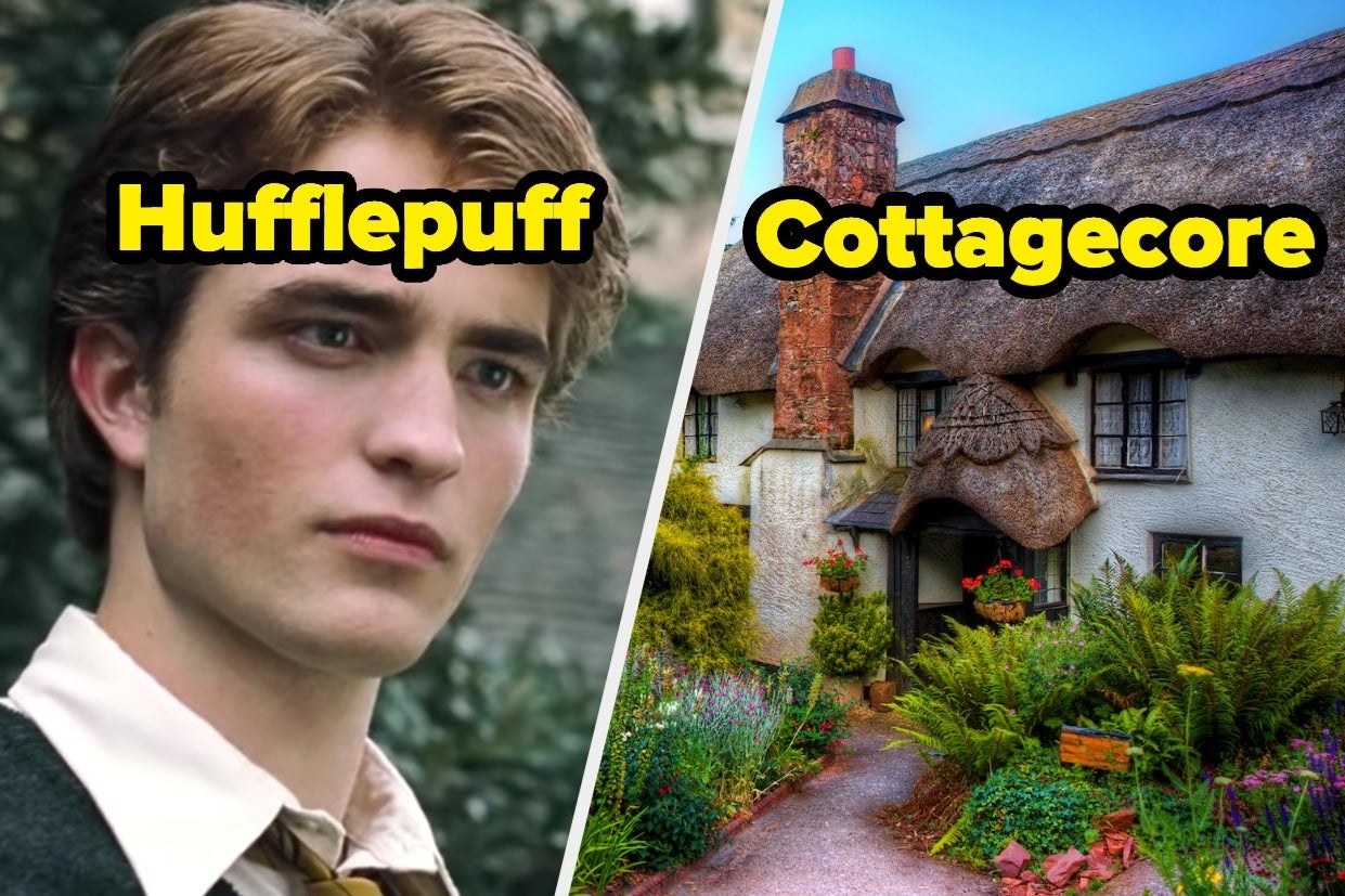 Cedric Diggory with the word &quot;Hufflepuff&quot; and a cottage with the word &quot;Cottagecore&quot;