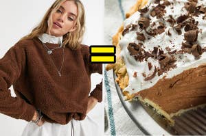 A girl wearing a brown teddy bear sweatshirt on the left and a chocolate silk pie on the right