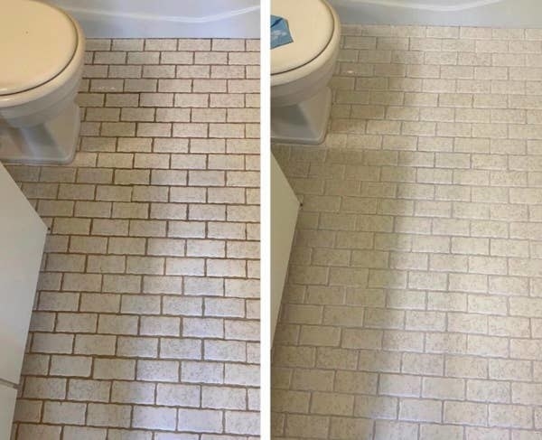 On the left, a tile floor looking dark and dirty from grout, and on the right, the same tile floor now clean and grout-free after using the pen