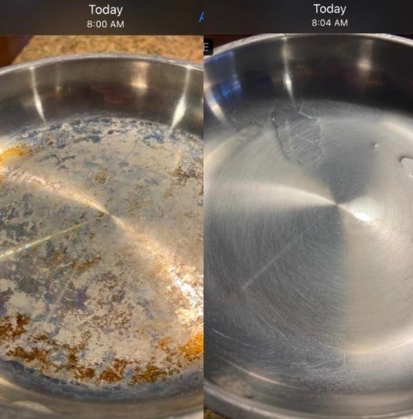 On the left, a pan looking rusty and dirty, and on the right, the same pan looking clean and shiny just four minutes later