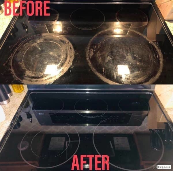 On the top, a reviewer stovetop looking dirty, and on the bottom, the same reviewer&#x27;s stovetop now looking completely clean after using the kit