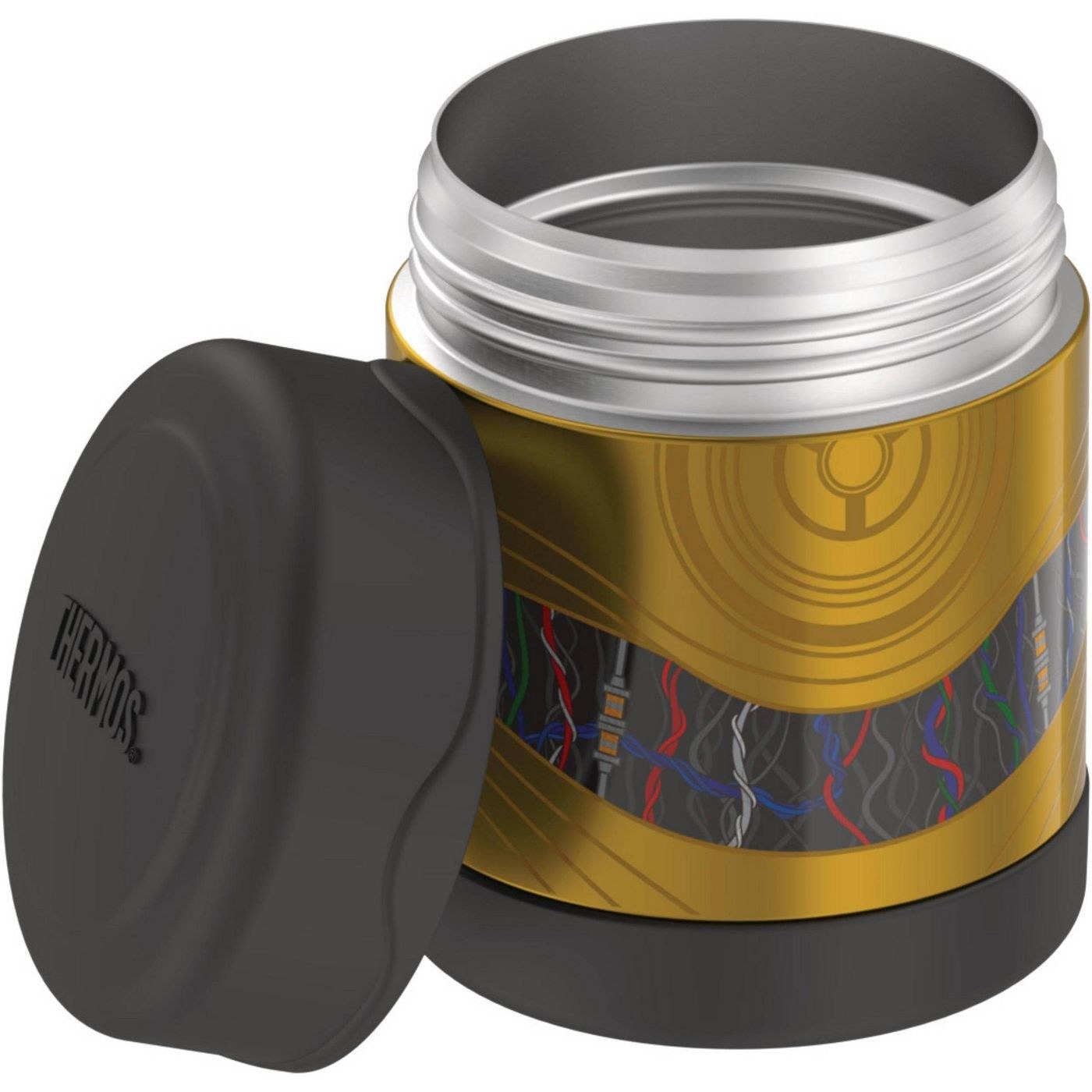 The squat, wide, cylindrical thermos, with a C-3PO design on the outside and screw-off cap