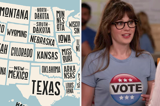 A labeled map of the US; Jessica Day from "New Girl" wearing a "Vote" t-shirt