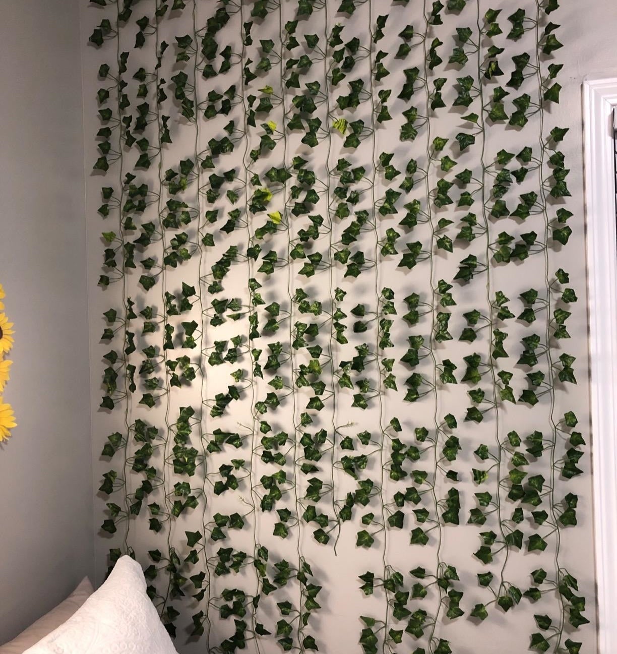 reviewer with the vines hanging on the wall next to their bed 