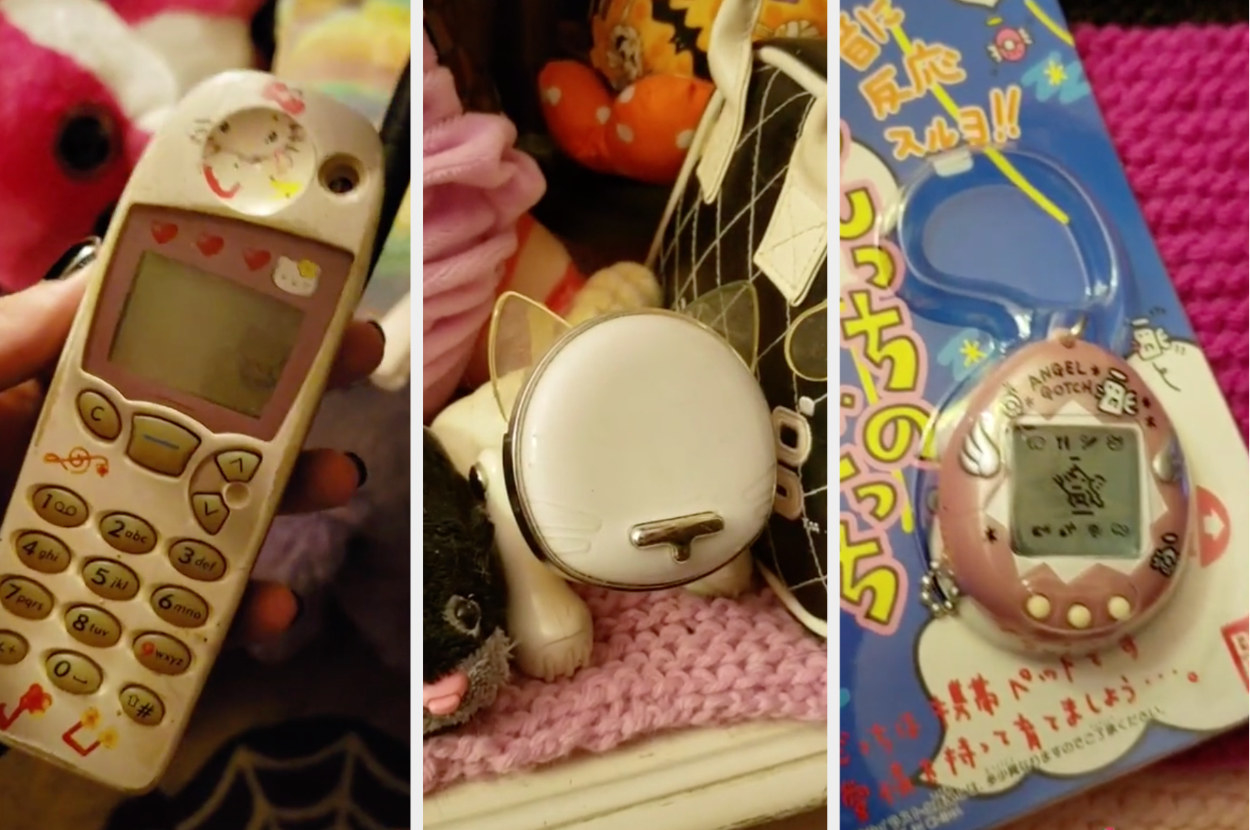 A Hello Kitty-themed Nokia phone, a Hasbro iCat, and a Tamagotchi