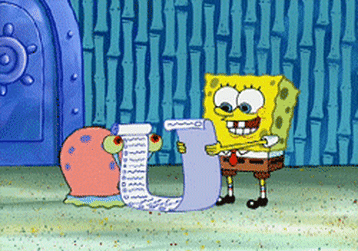 Spongebob rolling out a very long list of things that rolls over Gary the snail&#x27;s head 