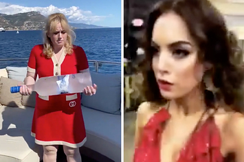 Rebel Wilson doing a bicep curl with a bottle of vodka side-by-side with liz gillies in the red dress meme