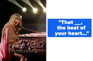 Taylor Swift singing at a piano, "Last Kiss" lyrics with missing words