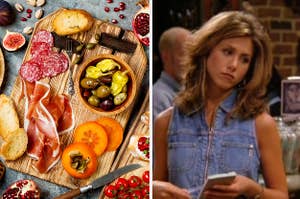 A charcuterie board with meats, cheeses, and olives; Rachel Green from "Friends" in Central Perk