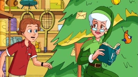 Jake and Grandma near a Christmas tree