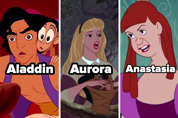 Side-by-side images of Aladdin, Aurora, and Anastasia with names under them