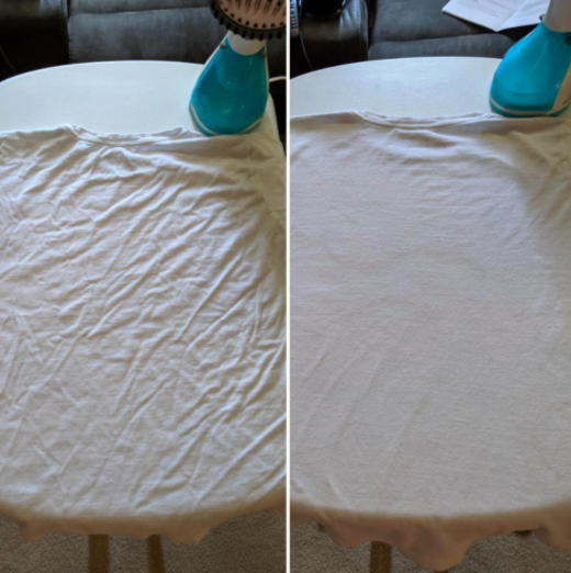 reviewer photo showing before and after photo of a white shirt, showing most of the wrinkles have been removed from the shirt after using handheld steamer 