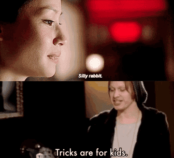 A gif from kill bill showing a close up of lucy liu saying silly rabbit paired with a gif from drag race of Jinkx Monsoon saying tricks are for kids