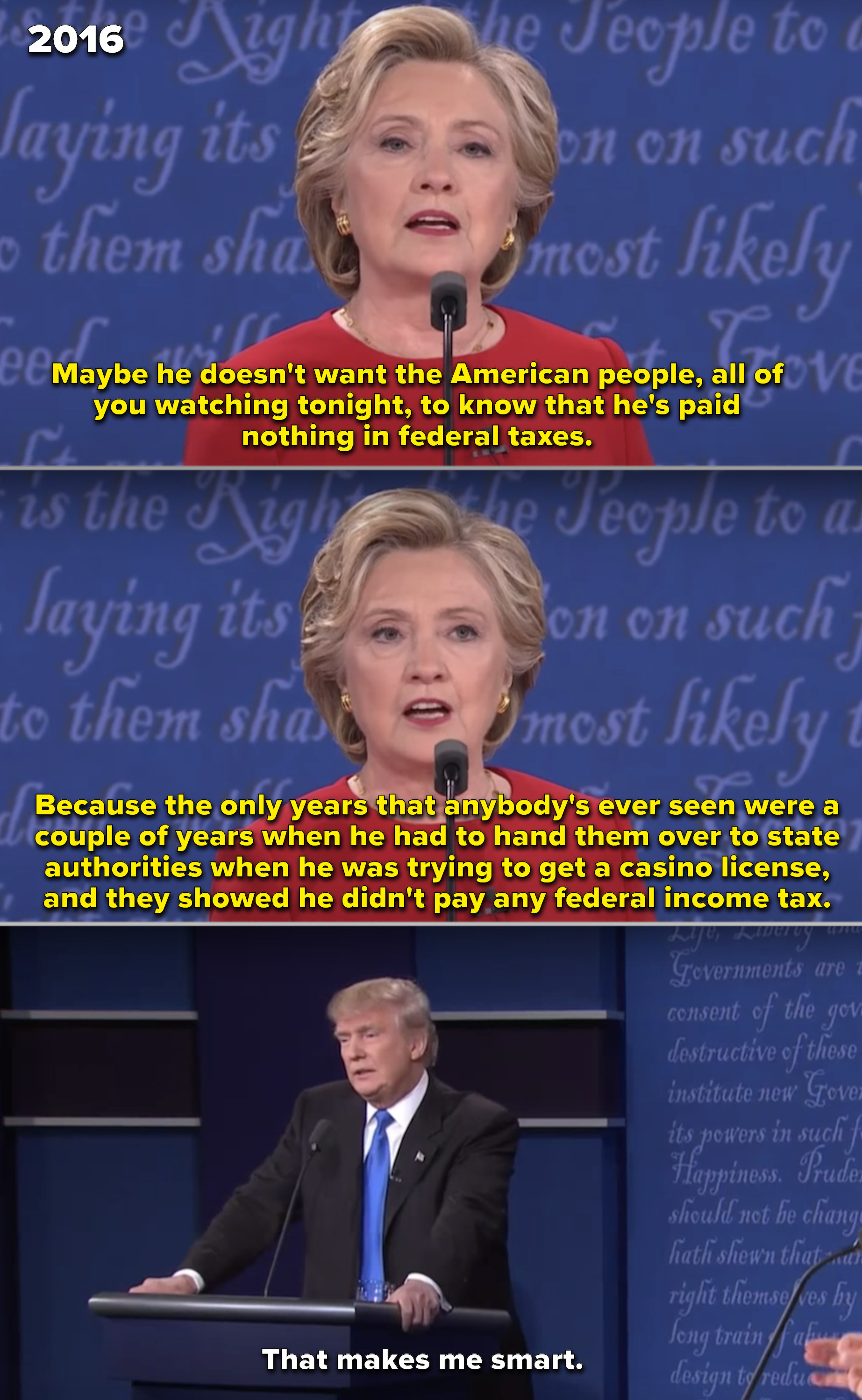 Trump claiming he&#x27;s &quot;smart&quot; for not paying any income taxes during his debate with Hillary Clinton in 2016