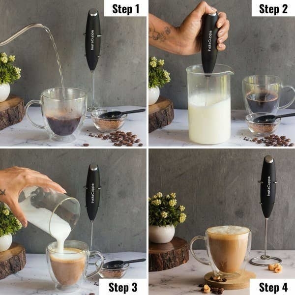 Steps to make the perfect cup of coffee using the milk frother.