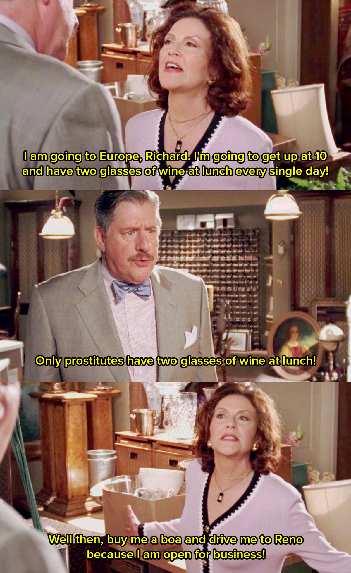 Still images from gilmore girls showing Emily and Richard arguing Emily says I&#x27;m going to have two glasses of wine with lunch and Richard replies only prostitutes do that and then Emily replies then buy me a boa and drive me to reno