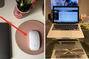 A wireless mouse and a laptop on an adjustable stand