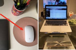 一个无线鼠标和笔记本电脑放在一个可调节的立场
