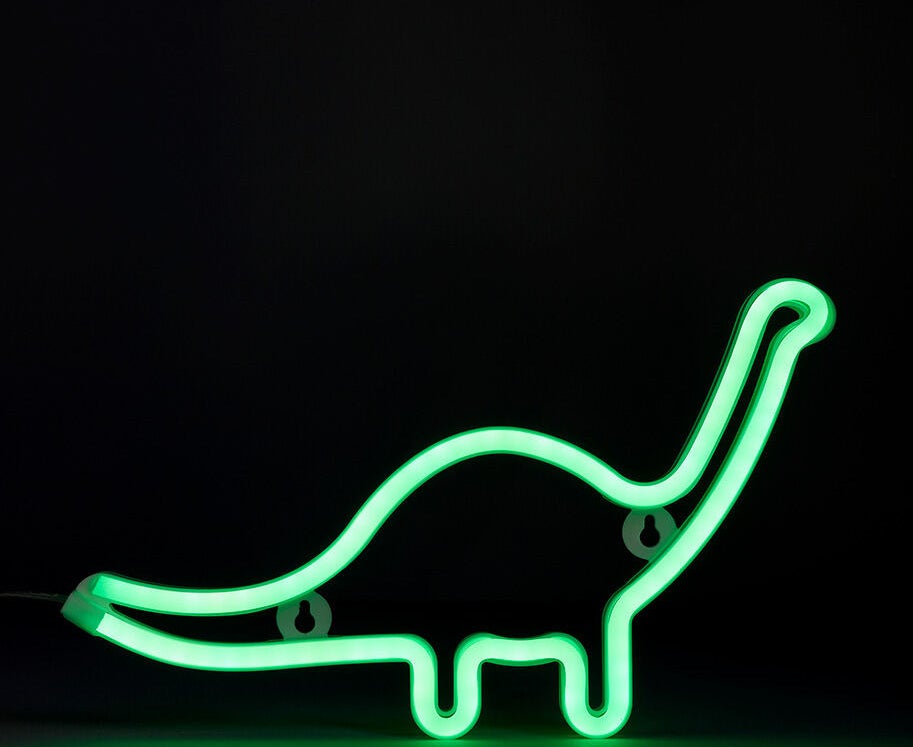 A dinosaur-shaped neon light on a dark background