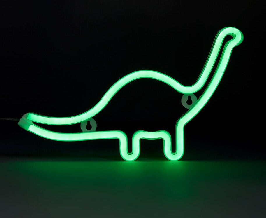 A dinosaur-shaped neon light on a dark background