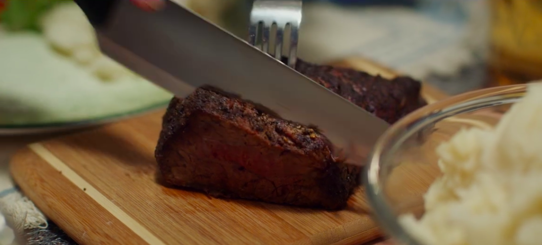 well-done steak and mashed potatoes