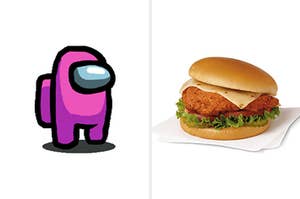 A robot with a glass mask over its eyes next to a chicken sandwich