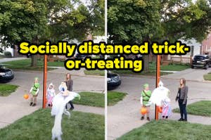 Trick-or-treaters receiving candy for a ghost shot down from the house on a clothing line with the text "socially-distanced trick-or-treating