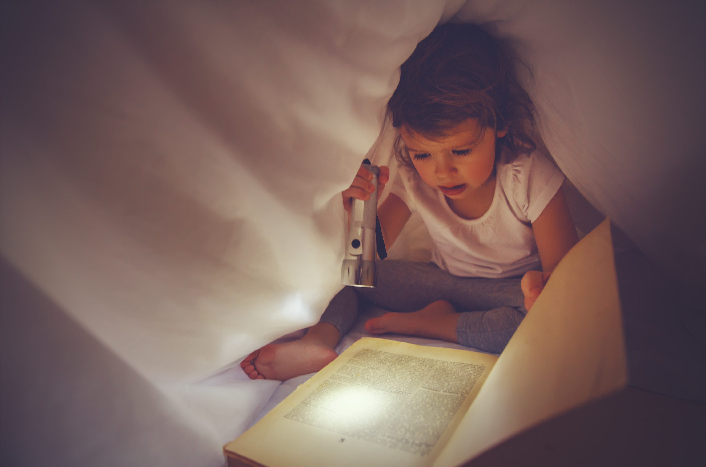 Little girl reading with a flashlight in a blanket fort