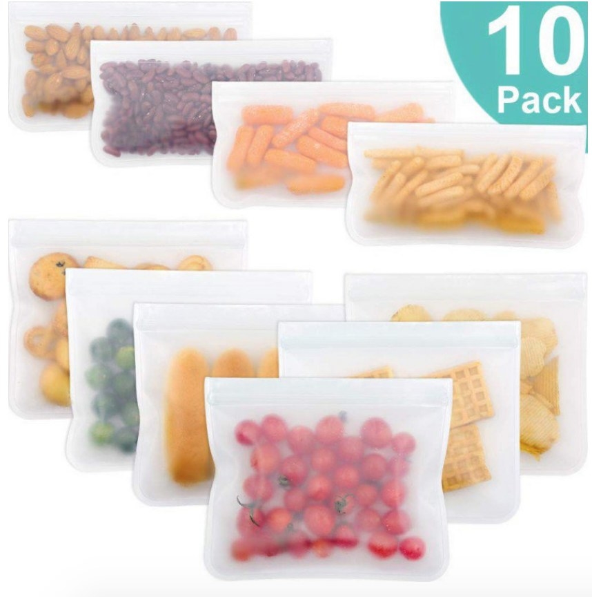 10 pack of reusable plastic bags with various fruits and snacks inside