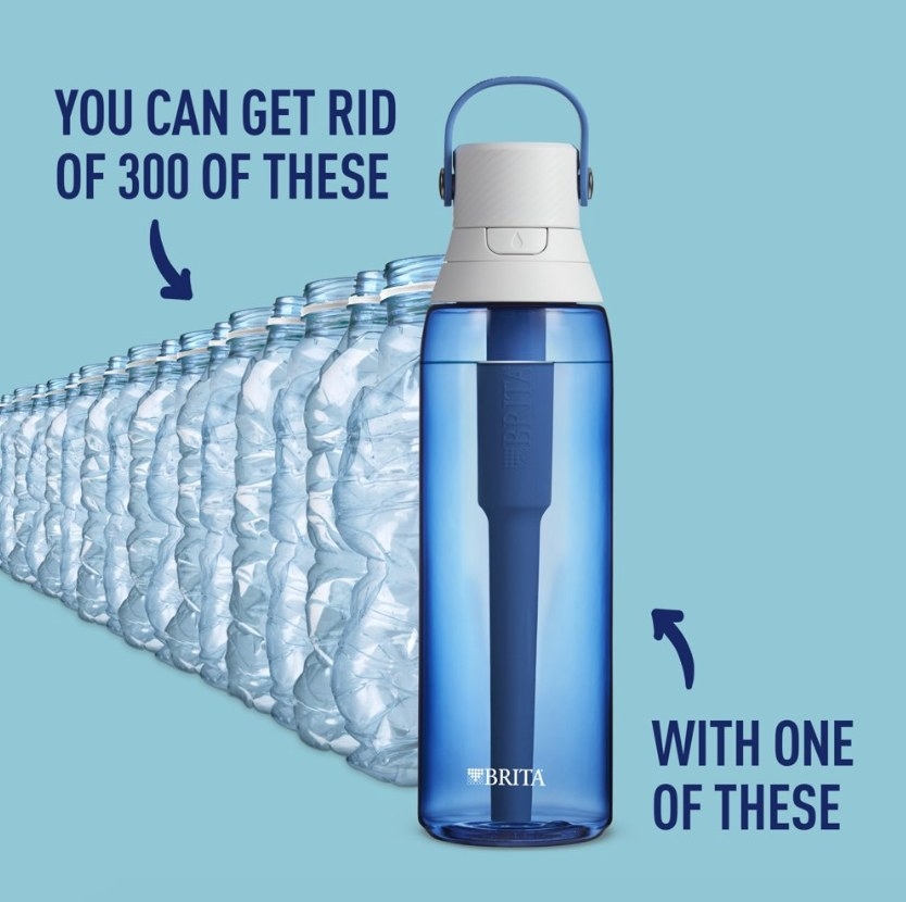 Image of blue filtered brita water bottle in front of crumpled plastic water bottles with blue background