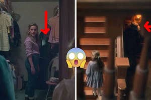 Side by side photos of The Haunting of Bly Manor with red arrows pointing to hidden ghosts in the background