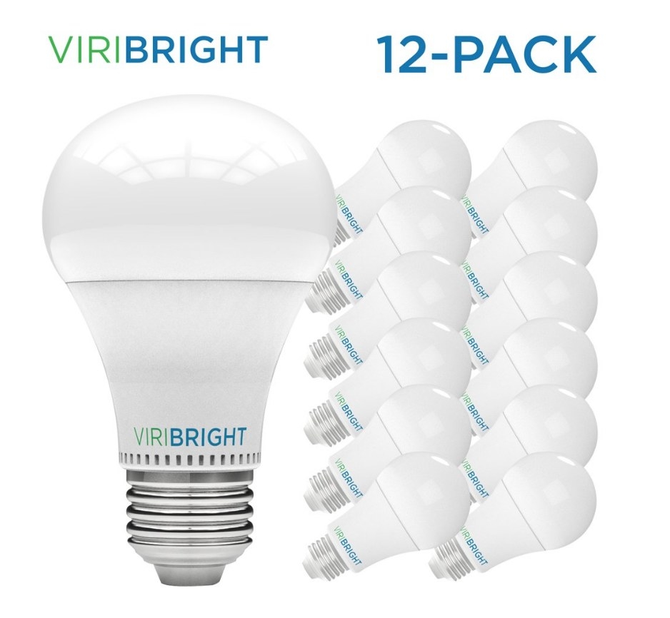 Viribright light bulb with green and blue logo on bulb next to image of bulbs in 12 pack