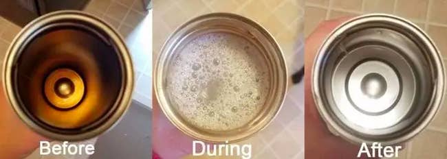 Reviewer shows Bottle Bright Tablet cleaning up bottom of silver container after it was stained by beverages