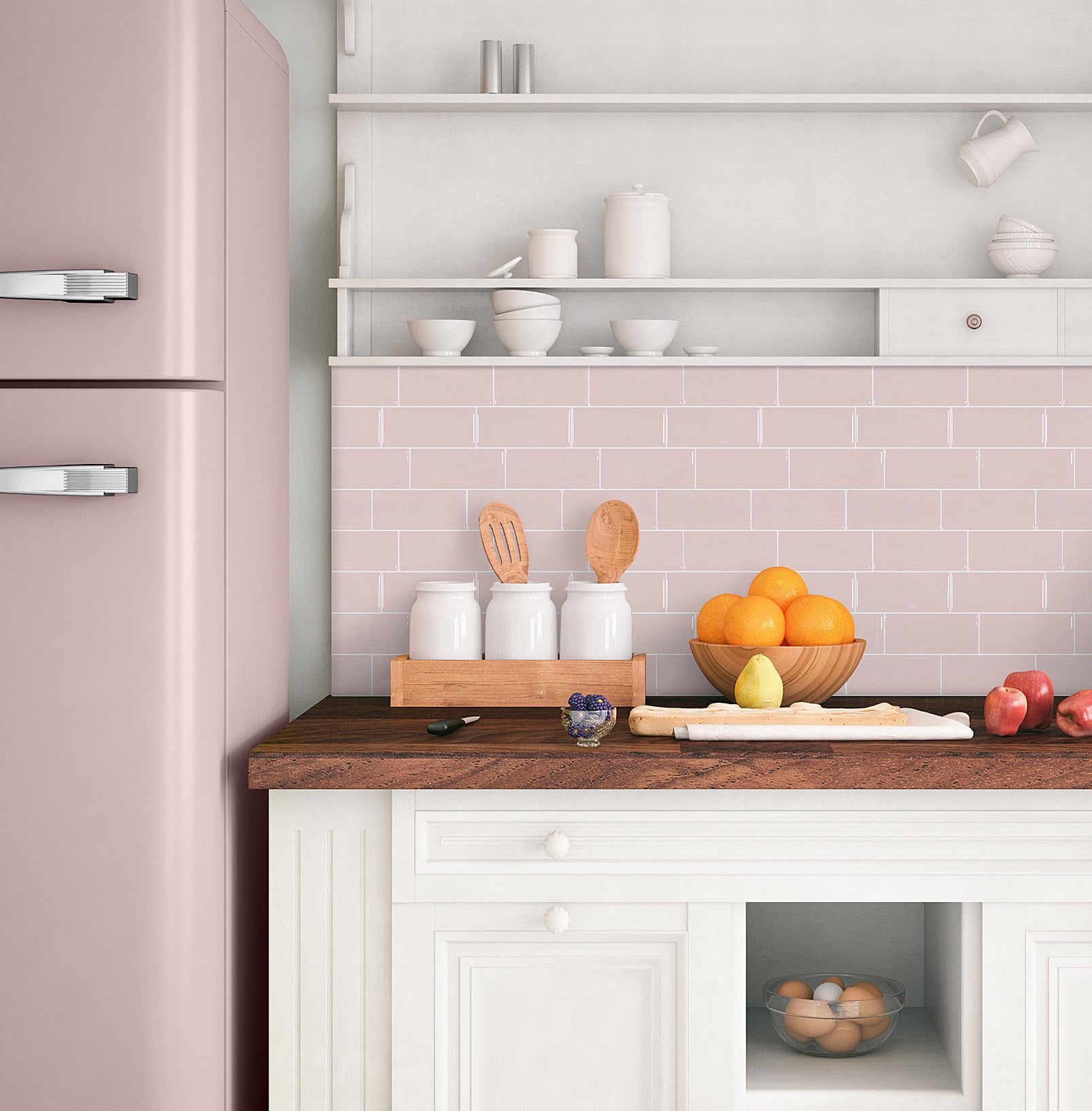 A kitchen backsplash covered in the stick-on tiles