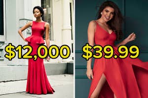 A red dress that costs $12,000 and one that costs $39.99