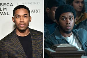 Kelvin Harrison Jr. on a red carpet and Fred Hampton from "The Trial of Chicago 7."