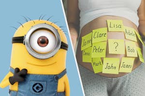 A minion next a pregnant woman with baby names written on her belly