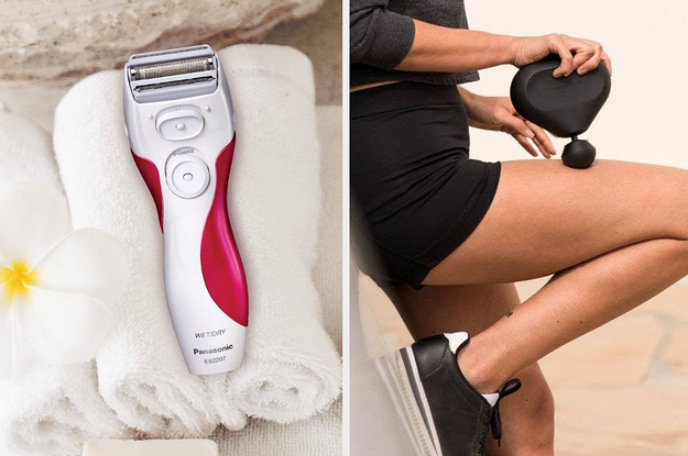 to the left: an electric razor, to the right: a mini theragun