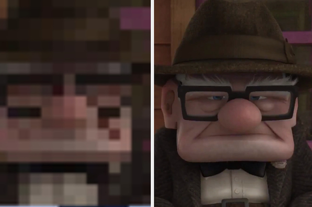 A pixelated Carl Fredricksen is on the left with Carl Fredricksen on the right