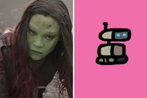 On the left, Zoe Saldana as Gamora in "Guardians of the Galaxy," and on the right, a robot pet from "Among Us"